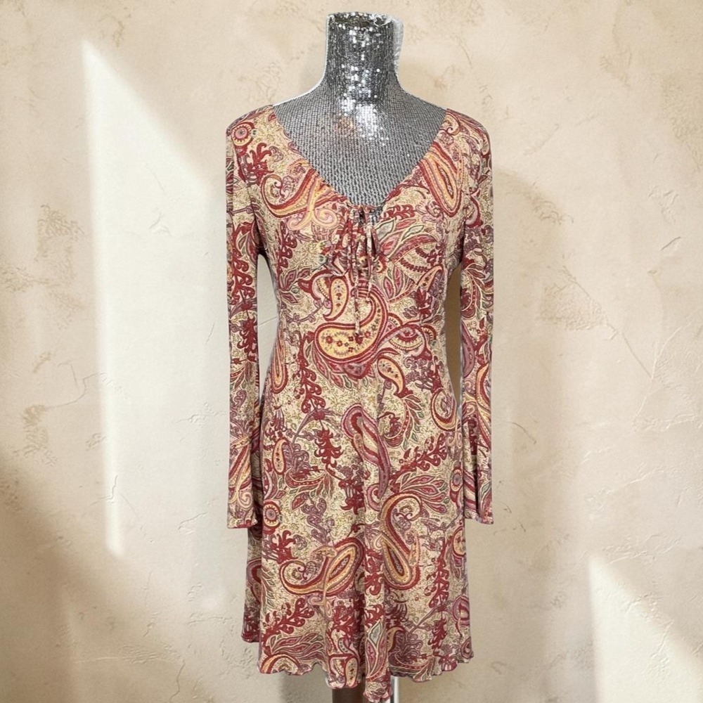 Vintage Y2K Boho Paisley Tie Front Flare Sleeve Mini Dress Large Cottagecore